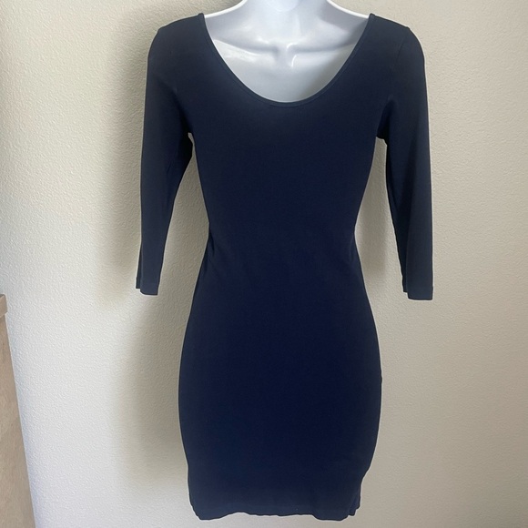Forever 21 Navy Blue Bodycon Mini Dress Scoop  3/4 Sleeve Stretchy Cotton Blend - Picture 6 of 8